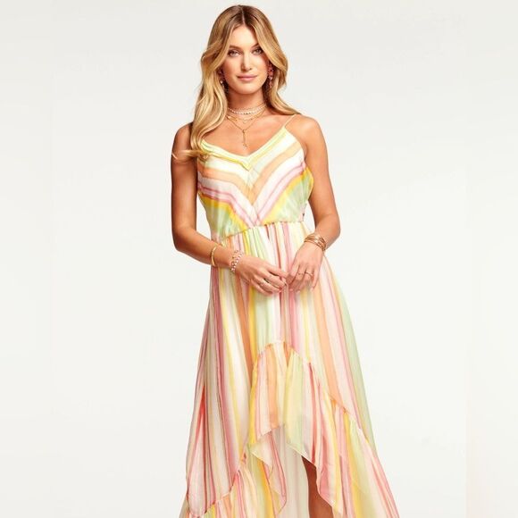 NWT Ramy Brooke Printed Trudy High-Low Maxi Dress Watercolor Stripe - Picture 2 of 10